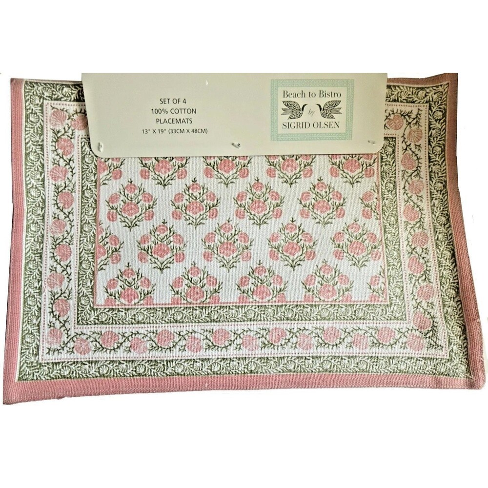 Sigrid Olsen Placemats Pink Shells Reversible Pink Stripe 13x19 Set of 4 Summer
